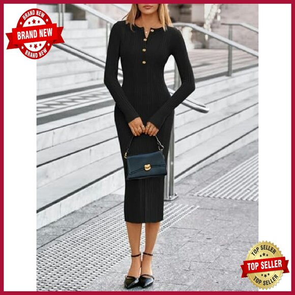 Ribbed Knit Bodycon Sweater Dress Long Sleeve Button Front Midi - Picture 7 of 8